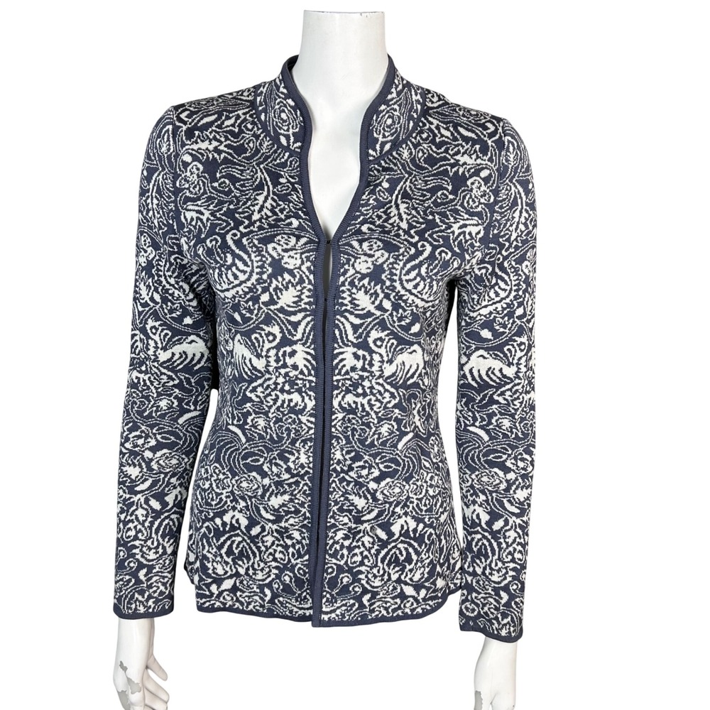 Peruvian Connection Knit Jacket Sweater Cotton Small Blue‎ Floral Bird Jacquard